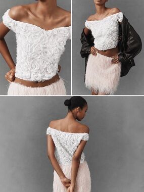 NWT Maeve Anthropologie White 3D Rosette Off Shoulder Top Small Floral Appliqué